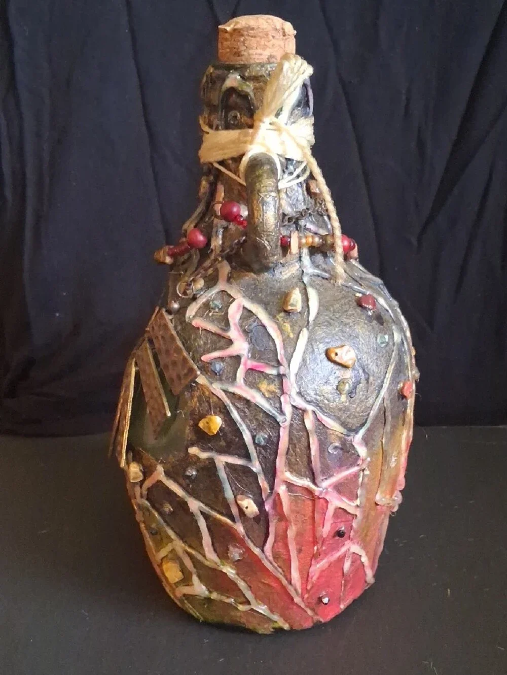 Artisan Decorative Green Glass and Metal Accent Bottle - Handcrafted Home Accent